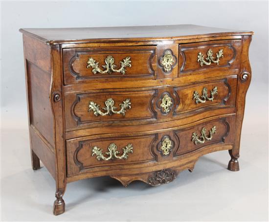 An 18th century French fruitwood serpentine commode, W.4ft D.2ft 2in. H.2ft 10in.